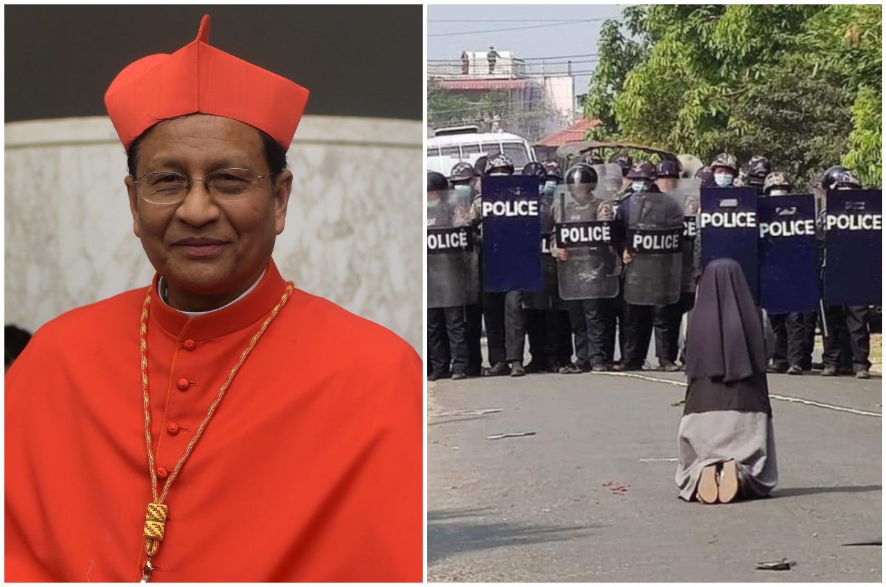 Kardinal Charles Maung Bo; redovnica pred policijom u Mjanmaru/Foto: Eric Vandeville/Pixsell; Twitter