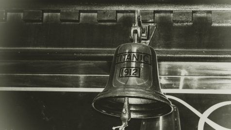 grayscale photography of Titanic 1912 bell